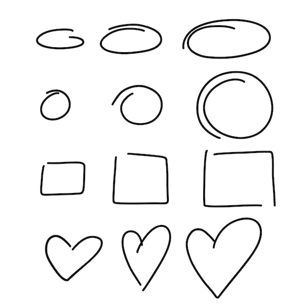 Highlight Hand drawn circles square heart frame set Doodle highlight ovals Marker sketch