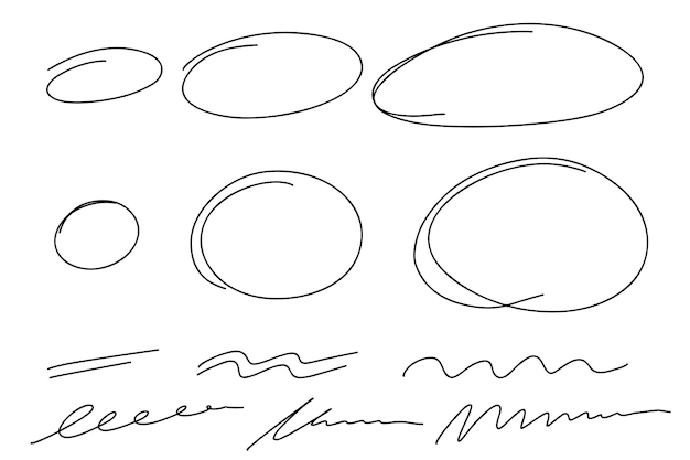 Vector highlight hand drawn ovals and lines handdrawn marker underlines scribble doodle circle set ovals