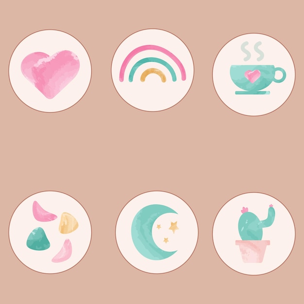 Vector highlight icons a pink circle with a heart a cup a heart a moon and a heart