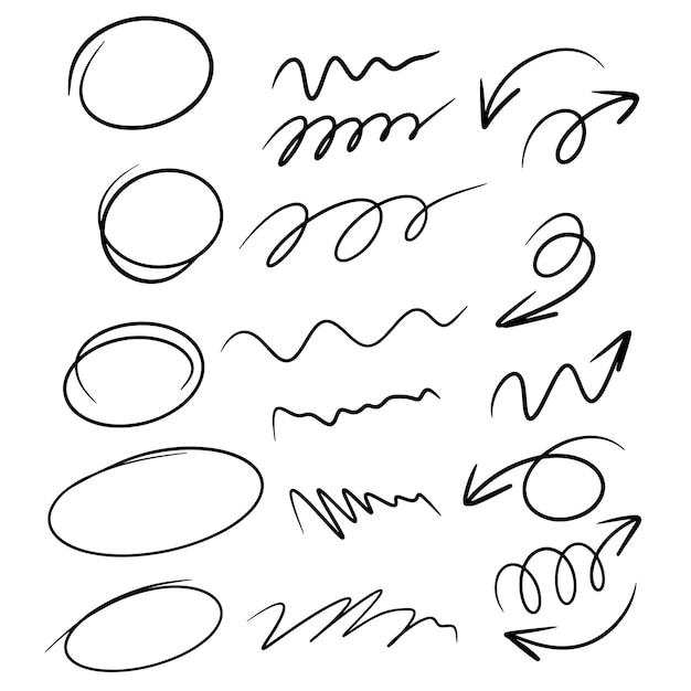 Evidenzia le cornici ovali sottolineano la curva e le frecce set di cerchi di scarabocchi disegnati a mano ovale di doodle