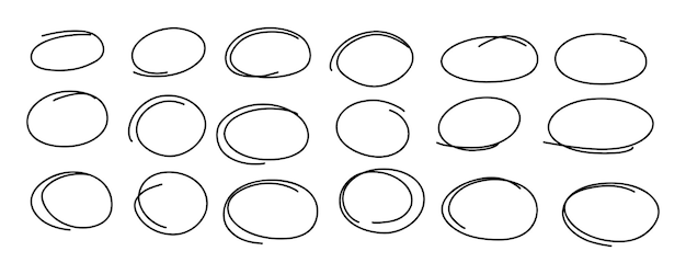 ベクトル 楕円形のマーカー フレームを強調表示します。手描き落書きサークル ライン スケッチ セット。楕円と楕円を落書き