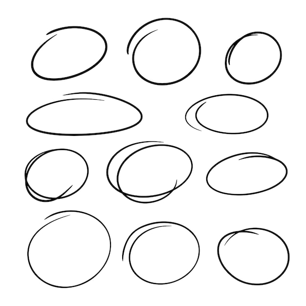 Выделите набор овальных маркерных рамок Нарисованные вручную каракули подчеркивают круг Овалы и эллипсы