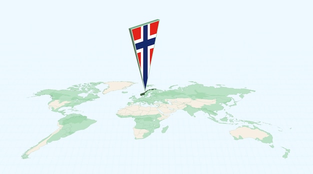 Highlighted Norway on Global Map with 3D Flag Location Pin of Norway