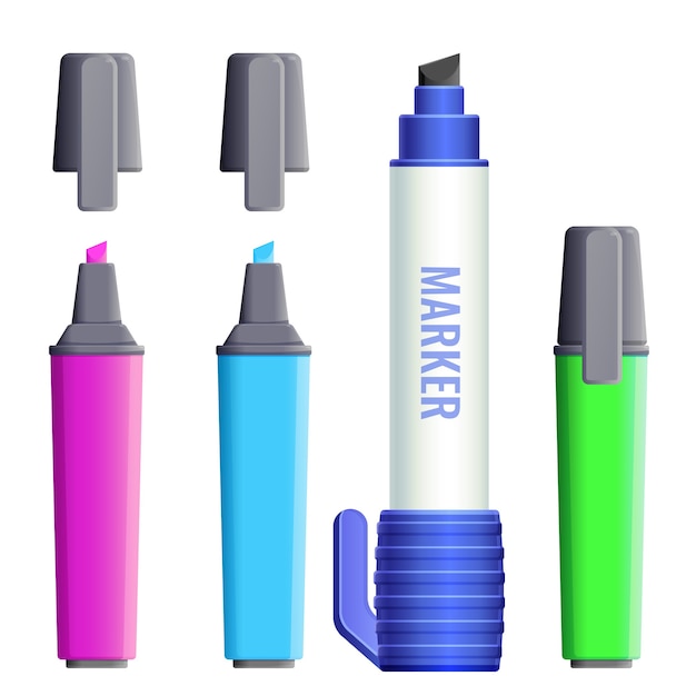 Highlighters broad felt-tipped pens with covers  . Set of color markers fineliner felt-tip pens with covers. Paint tools icons in pink, blue and green color