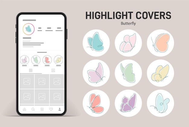 하이라이트는 나비 배경이 있는 소셜 미디어의 게시물 및 스토리를 커버합니다.