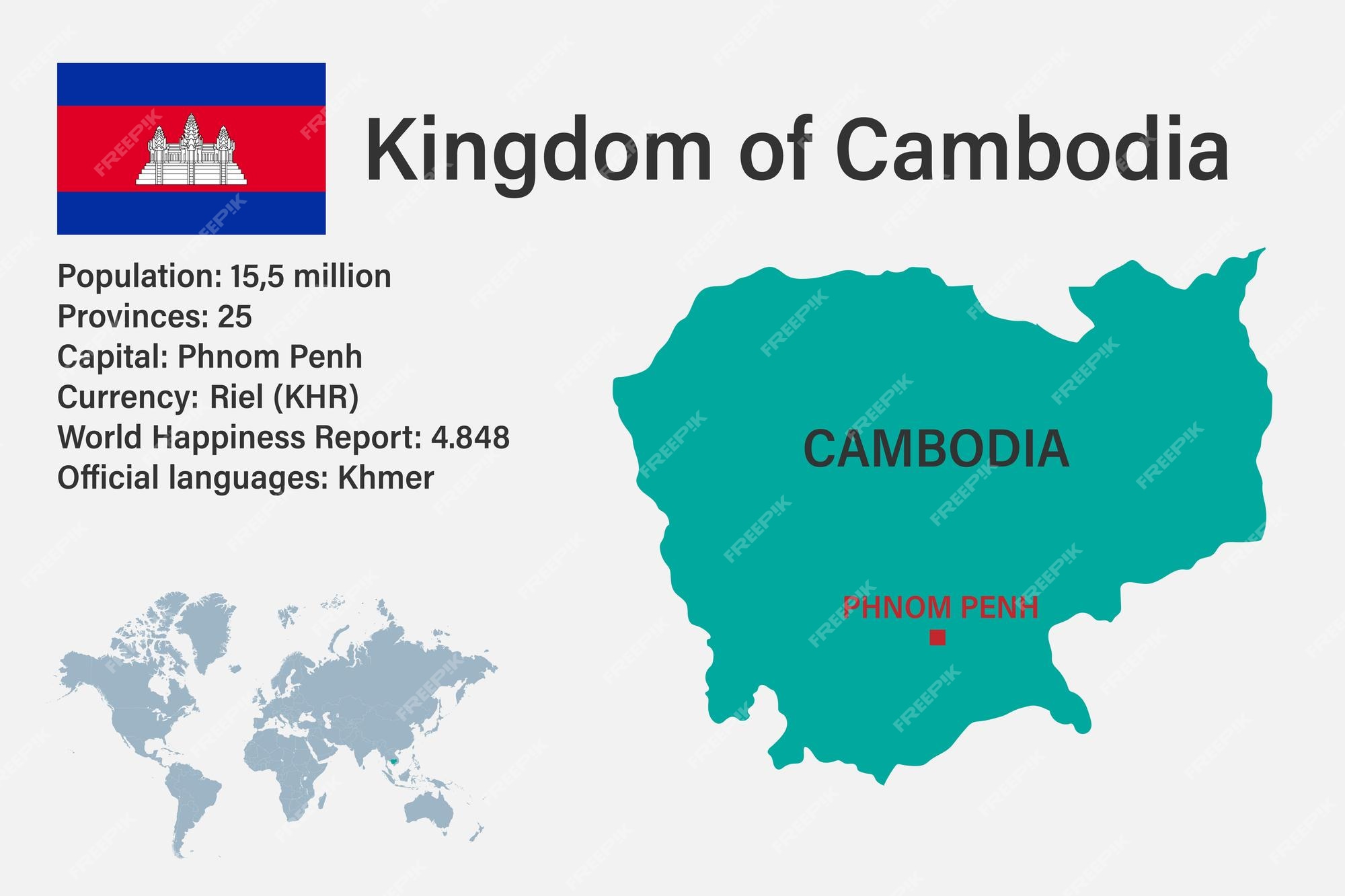 Premium Vector | Highly detailed cambodia map with flag capital and small map of the world Premium Vector | Highly Detailed Cambodia Map With Flag Capital And Small Map Of The World