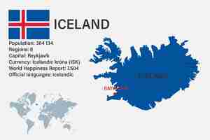 Vector highly detailed iceland map with flag capital and small map of the world