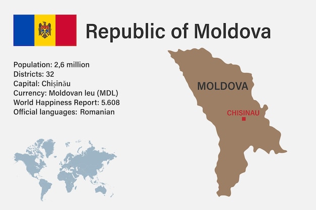 Highly detailed moldova map with flag capital and small map of the world