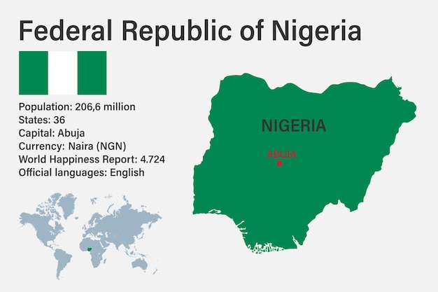 Highly detailed Nigeria map with flag capital and small map of the world