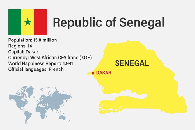 Highly detailed senegal map with flag capital and small map of the world