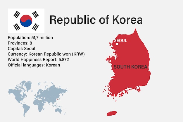 벡터 국기 수도와 세계의 작은 지도가 있는 매우 상세한 한국 지도