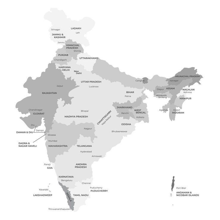 वेक्टर highly detailed vector illustration of india grey map with state names and country borders