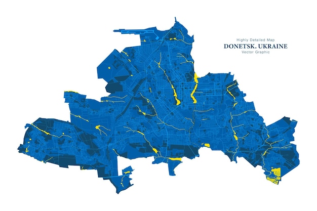 Высокодетальная векторная карта города донецк украина в патриотическом национальном желто-синем цвете, выделенном на белом фоне. городская транспортная система включает сгруппированные карты с особенностями дорог и водных объектов