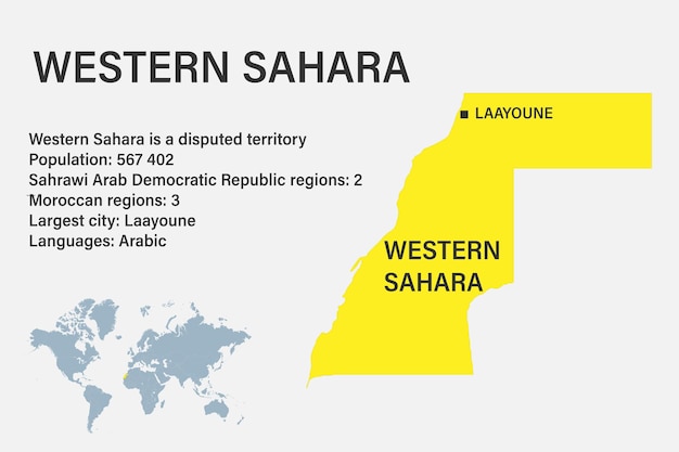 Highly detailed Western Sahara map with flag capital and small map of the world