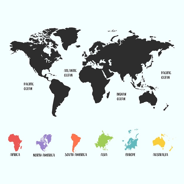 Vettore continenti della mappa del mondo altamente dettagliati con etichettatura del paese
