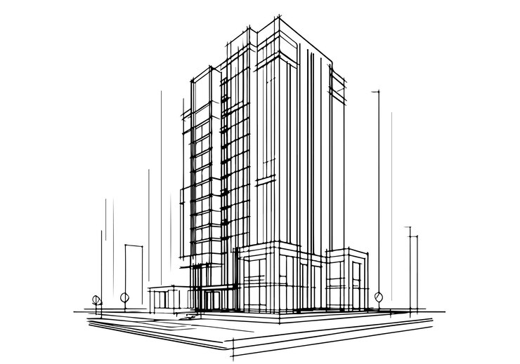 Vector highrise modern buildings one line art