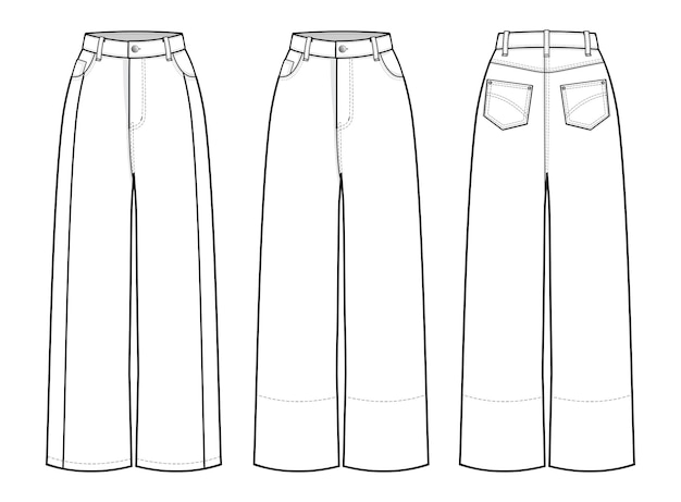 HighRise WideLeg Jeans fashion flat technical drawing template Jeans high waist baggy