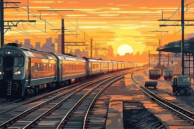 Скоростной поезд в движении на вокзале на закате Быстро движущийся современный пассажирский поезд на р