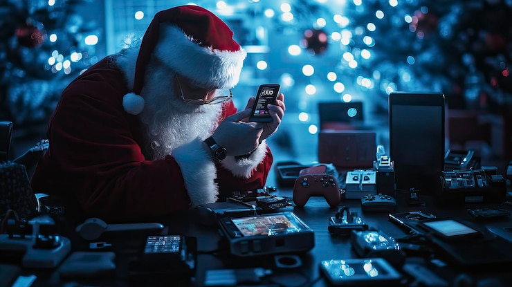 Vector hightech santa silhouette with gadgets and devices modern santa with gadgetschristmas day new yea