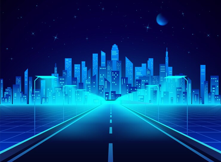 Vector highway to cyberpunk futuristic town