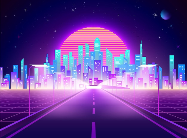 Highway to Cyberpunk futuristic town