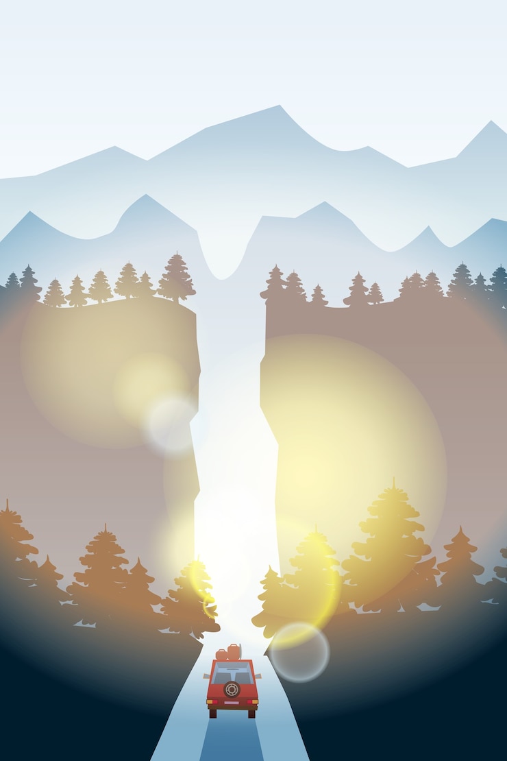 Vector highway drive with beautiful spruce forest landscape. mountains horizon.