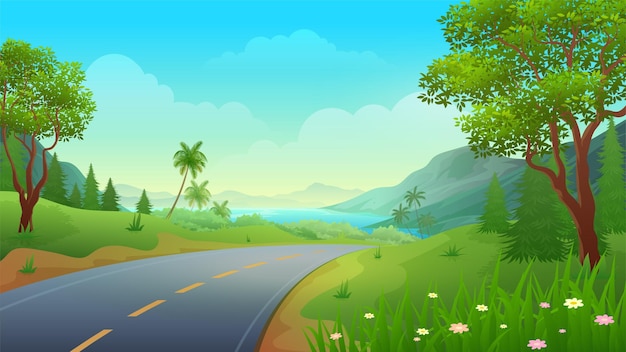 Highway on a hill with beautiful sea and mountain views, nature landscape background