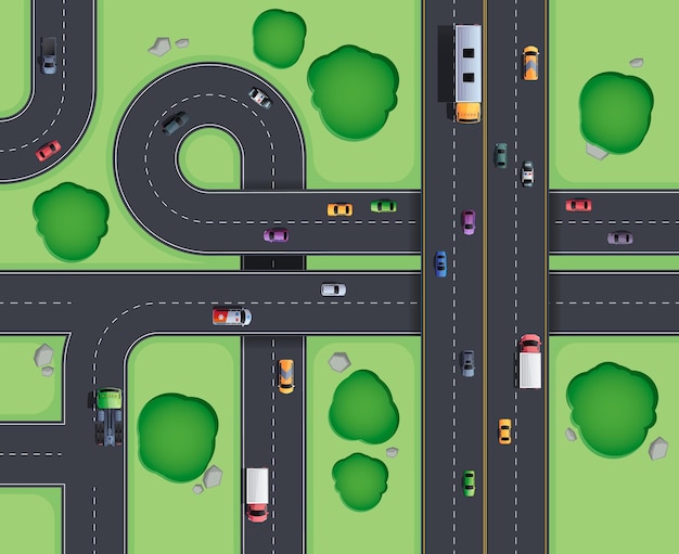 Vector highway junction top view road intersection with turnings and circle and overpasses aerial view of city traffic lines vector cartoon illustration