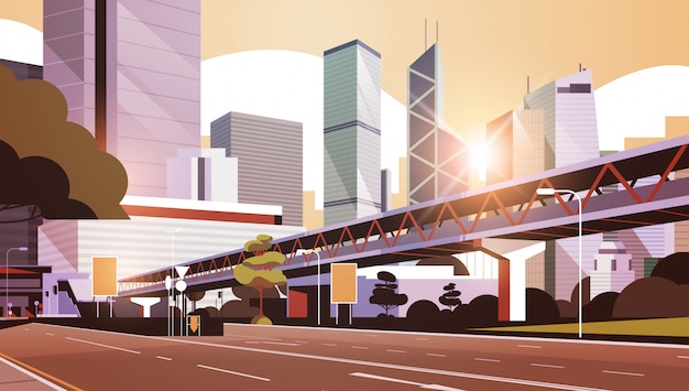 Vector highway road to city skyline with modern skyscrapers and subway