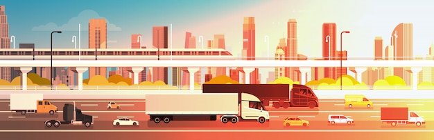 Vector highway road with cars, lorry and cargo trucks over city background traffic concept