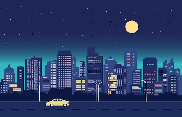 Vettore strada in città di notte con cityscape building landscape flat design illustration