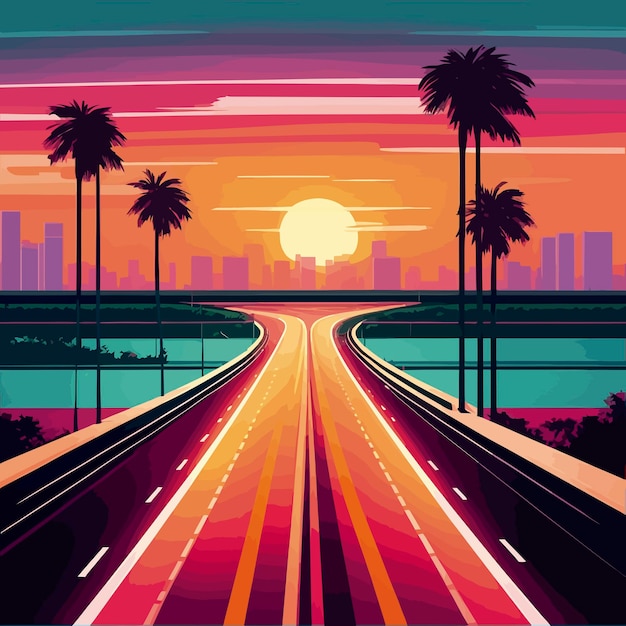 Vector highway through miami landscape illustration