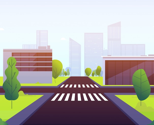 Vector highway traffic empty street road crossing urban landscape building crosswalk