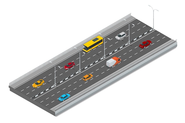 고속도로 교통. 자동차와 트럭이 있는 고속도로 교통. 평면 3d 벡터 아이소메트릭 그림
