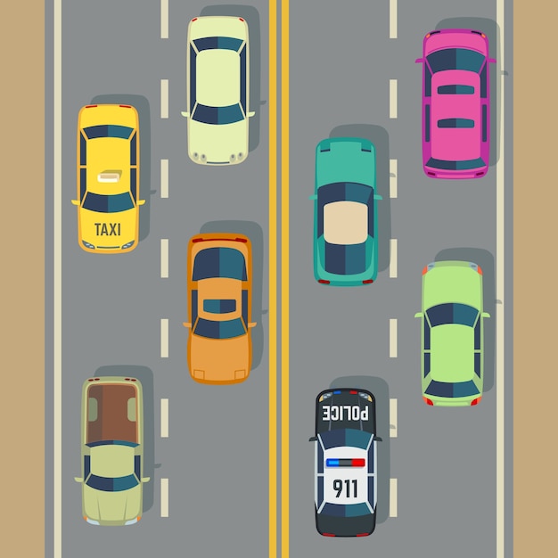 상위 뷰 자동차와 트럭 거리 벡터와 고속도로 교통. 경찰 차와 택시, Illus와 교통