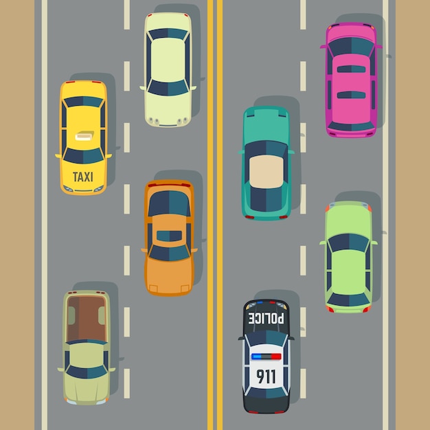 Highway traffic with top view cars and trucks street vector. traffic with police car and taxi, illus