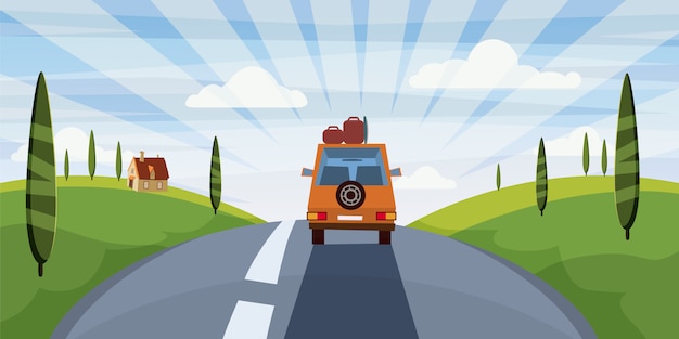 Vector highway travel summer, road, car, cute landscape, cartoon style