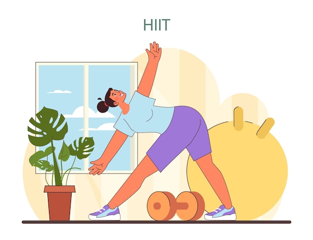 Vettore illustrazione dell'allenamento hiit una rappresentazione vibrante di un allenamento ad alta intensità a domicilio che mostra un