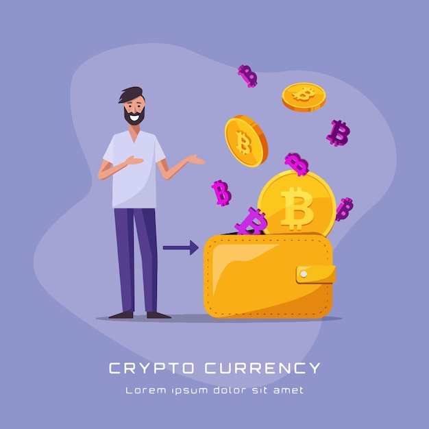 Hij inscriptie CRYPTO CURRENCY tegen de achtergrond van een illustratie met een man en een portemonnee waarin bitcoin-munten en bitcoin-symbolen vallen