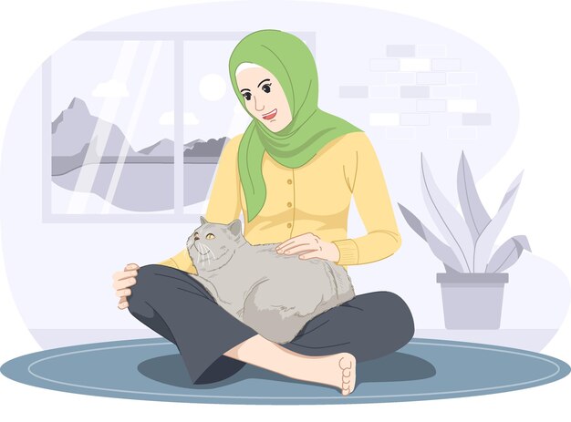 Vector hijab girl with cat vector illustration