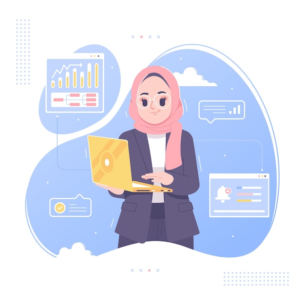 Ragazza hijab che lavora con il computer portatile