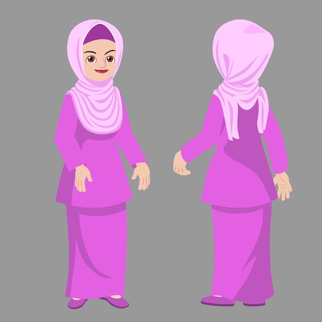 Signora hijab posa in piedi vista frontale e vista posteriore