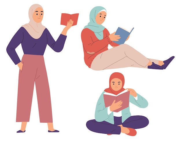 ベクトル ヒジャーブのイスラム教徒は本を読む研究文学の学生試験