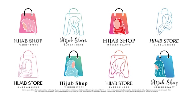히잡 상점 또는 히잡 상점 아이콘은 창의적인 요소가 있는 로고 템플릿을 설정합니다. Premium Vector