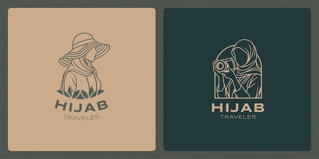 手描きのシンプルなラインアートのロゴでカメラを握っているヒジャブの旅行者