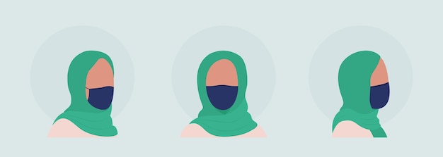 hijab vrouw semi egale kleur karakter avatar met masker set