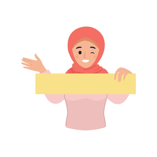 Hijab donna che tiene bordo bianco con felice espressione