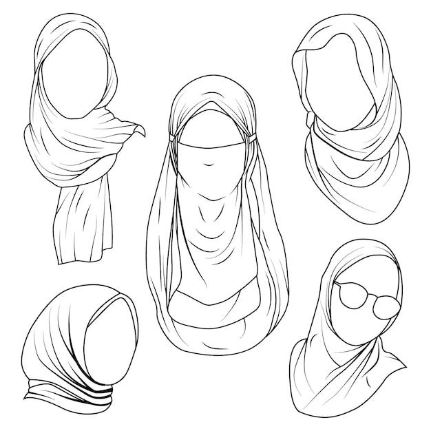 hijab woman outline design. collection of hijab women's line logos