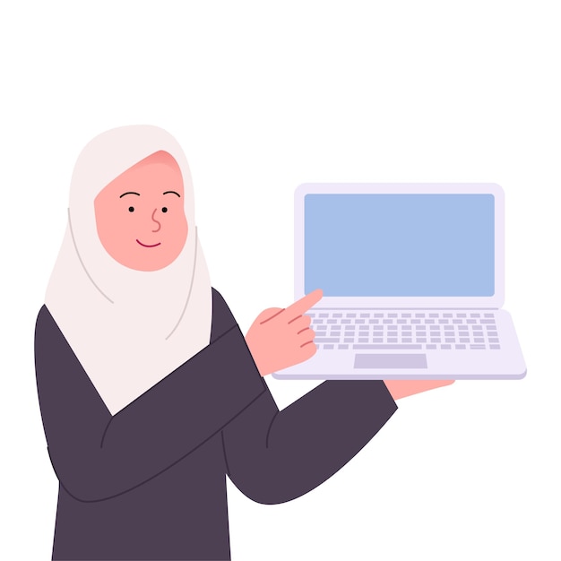 노트북 평면 그림을 가리키는 Hijab 여자