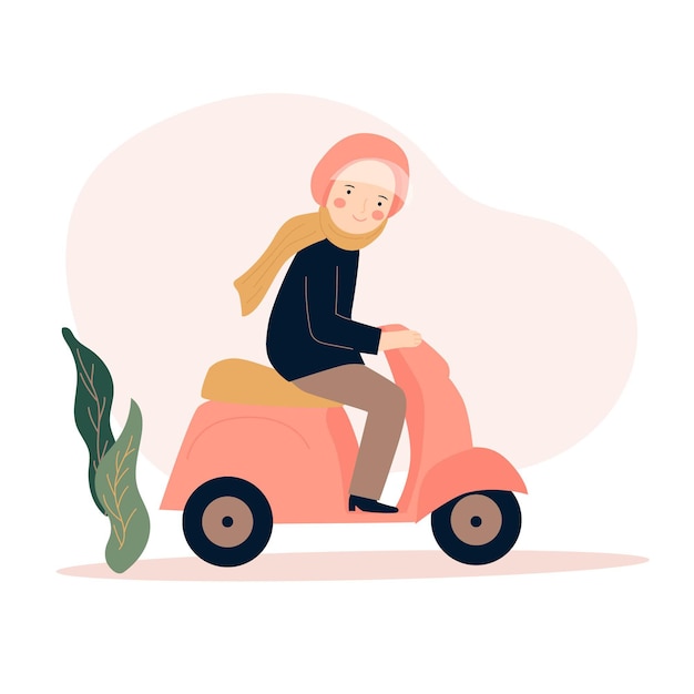 Hijab woman riding motor cycle flat illustration